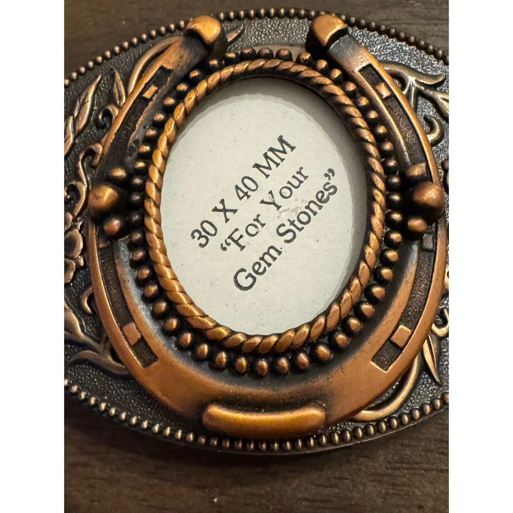 Western Horseshoe Belt Buckle Copper‎ Tone Floral Oval 30x40mm Gemstone Mount